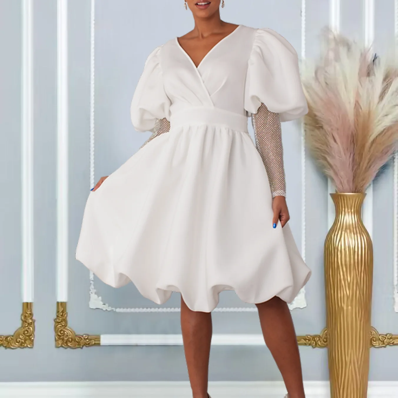 

Elegant Fashion 2024 Women's Clothes White V-neck Mesh Puff Sleeve Banquet Party Dress Bridesmaid Weddings Evening Midi Dress