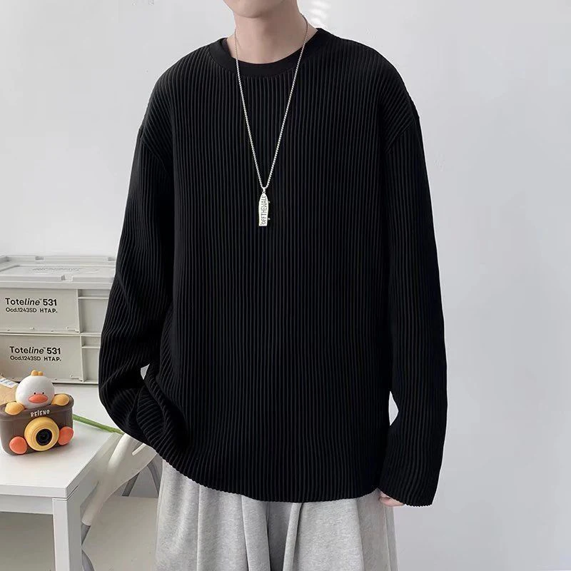 3d Pleated Striped Fashion O Neck Men Sweatshirt 2022 Autumn New Long Sleeve Street Casual Oversized Clothes Korean Harajuku Top