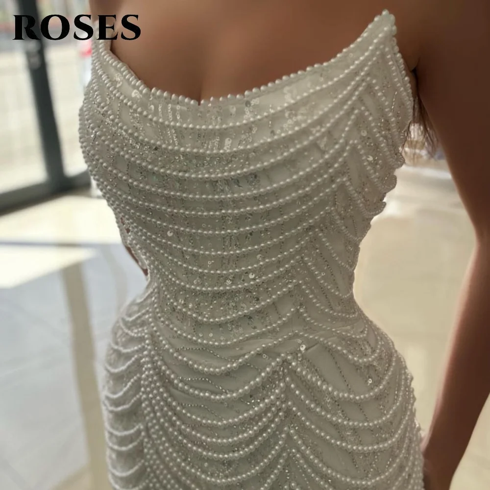 

ROSES White Elegant Party Dress with Pearls O-Neck Night Dress Pleats Sleevless Trumpet Celebrity Dresses for Woman Customized