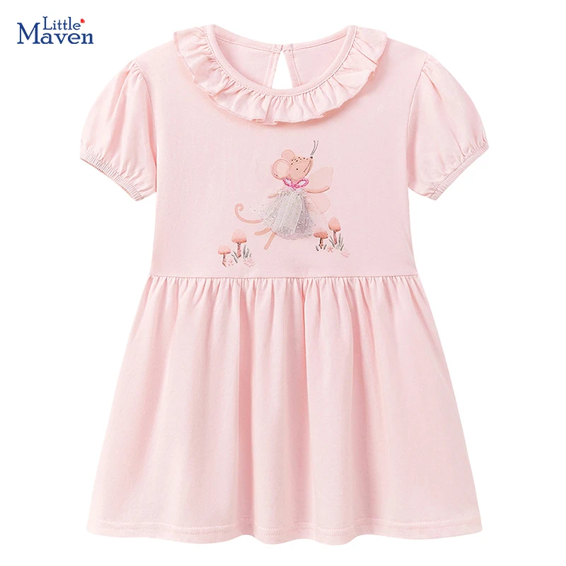 Little maven Girls Party Dress Animal Mouse Appliques Pink Dresses Summer Birthday Dress for Girls Perter Pan Collar Dresses