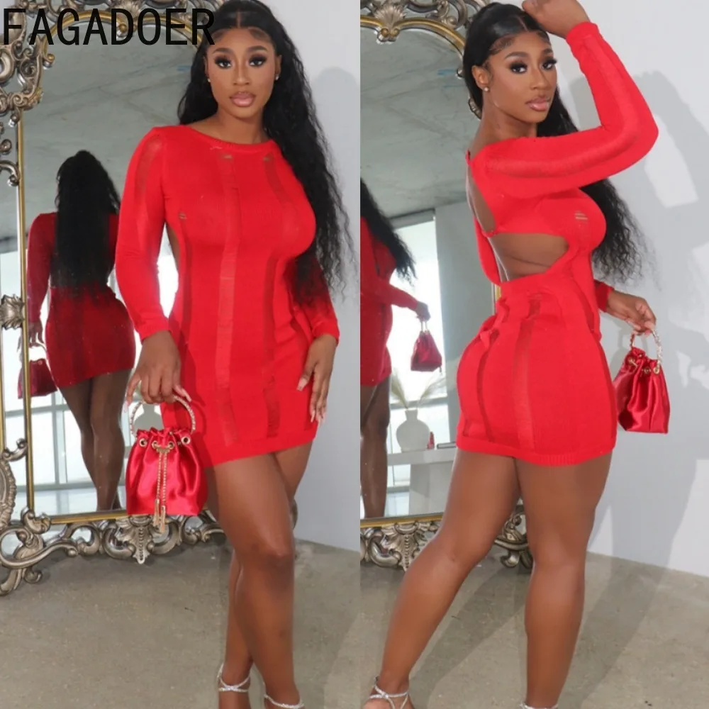 

FAGADOER Sexy Hollow Out Knitting Bodycon Mini Dresses Women Long Sleeve Backless Bandage Mini Vestidos Fashion Streetwear 2024