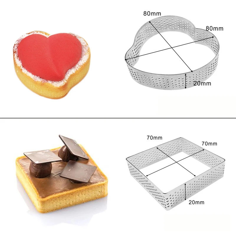 2/4/10/20PCS Stainless Steel Tart Ring Love Circle Square Oval Tower Ring 304 Punched Tower Ring Dessert Tower Cake Mousse Ring