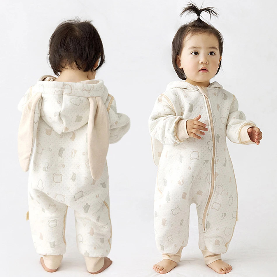 

New Infant Cotton Rabbit Ears Hooded Cartoon Onesie Outerwear Unisex Boy Girl Warm Long Sleeves Jumpsuit Newborn Cute Rompers