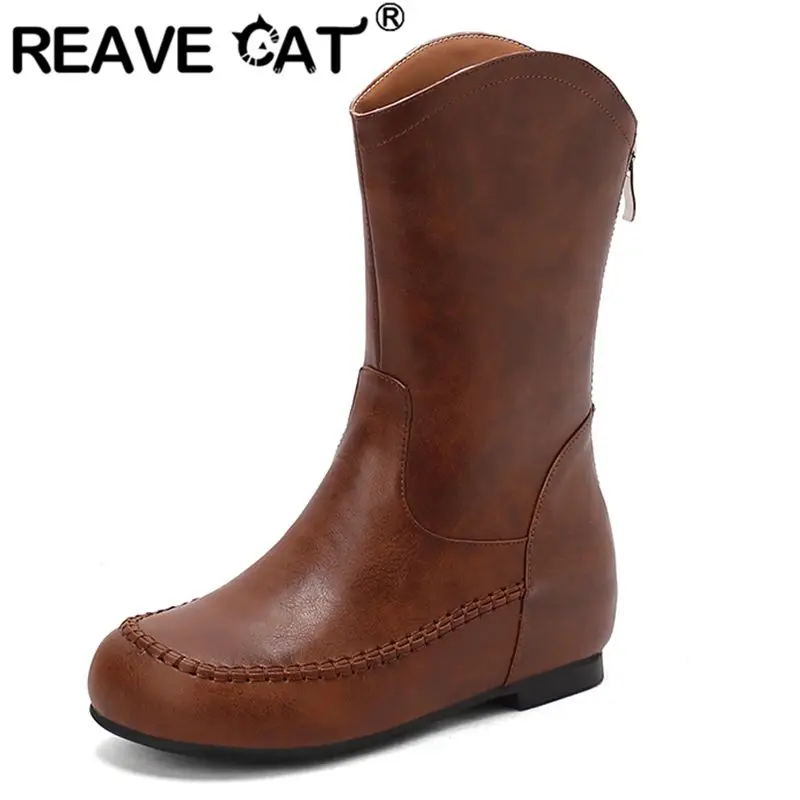 

REAVE CAT Мягкие повседневные женские ботинки до середины икры с круглым носком на молнии 3,5 см, нескользящие повседневные ботинки на увеличенном каблуке Bota Oversize 43 44 45 Бежевый