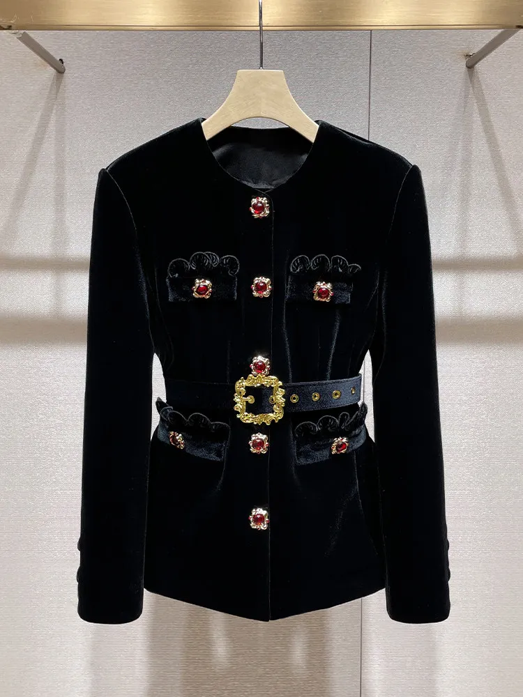Court style waist jacket slightly pull pants black velvet two-piece set