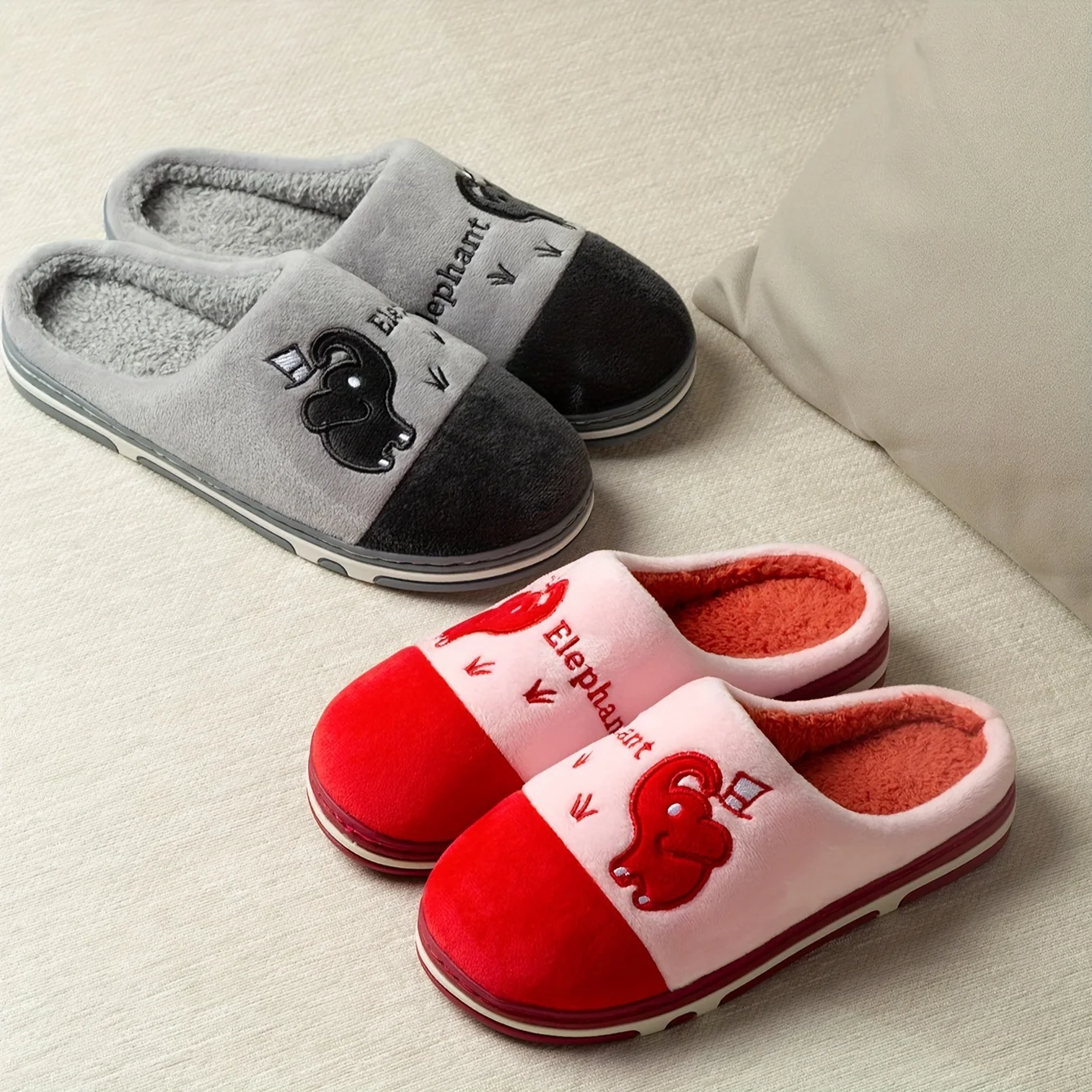 Winter Couple Elephant Slippers Warm Plush Indoor Home fur Shoes Non Slip Soft Sole Cozy Bedroom Slippers Men Women Family Fuzzy