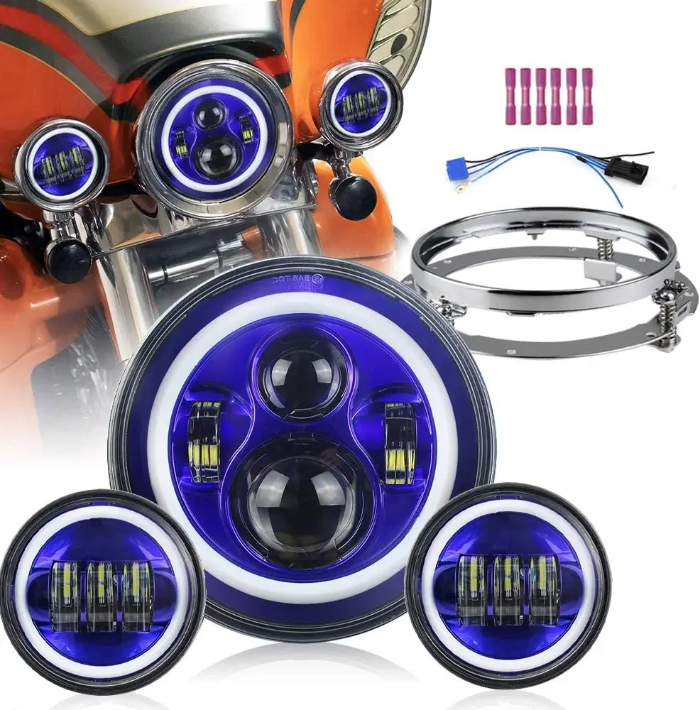 7 INCH BLUE HALO LED PROJECTOR HEADLIGHT LIGHT BULB + 4.5 INCH FOR LIGHT + MOUNTING BRACKET FOR MOTORCYCLE