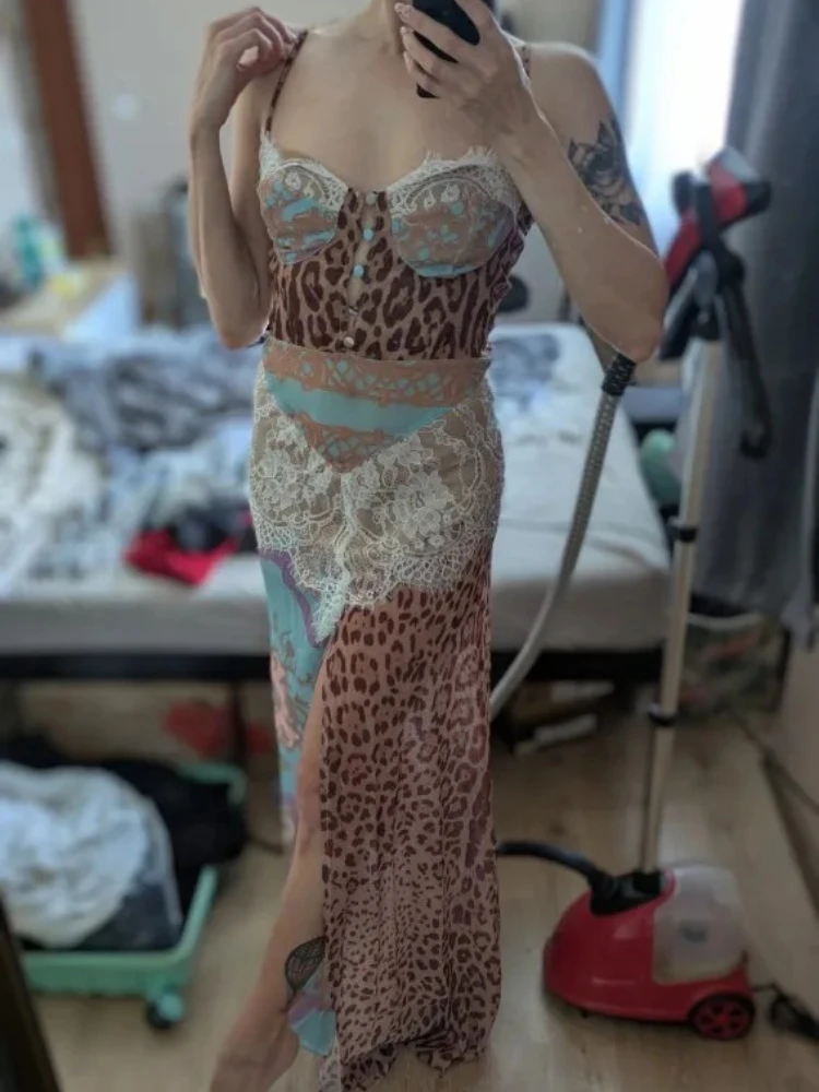 XIAOTANG Leopard Print Lace Split Sexy Maxi Dress Women Gown Elegant Patchwork Chiffon Sleeveless Backless Beach Evening Dress