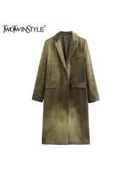 TWOTWINSTYLE Hit Color Casual Long Trenches For Women Lapel Long Sleeve Patchwork Pockets Loose Coats Female Fashion Clothing