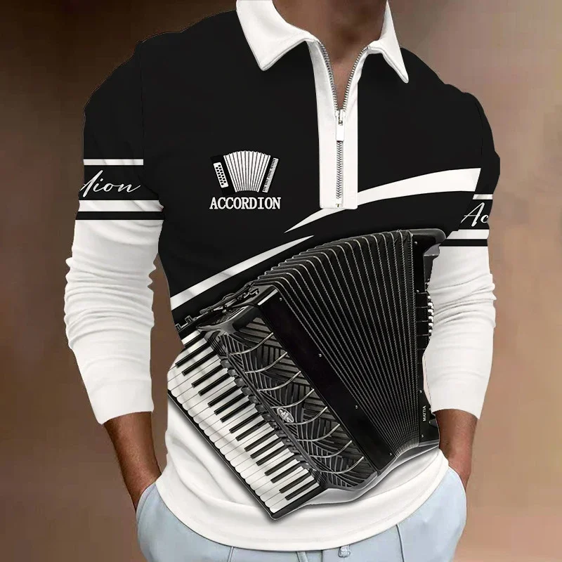 

Piano Musical Fashion 3D Print Polo Zipper Long Sleeve Shirt for Men Button Down Fashion Shirt