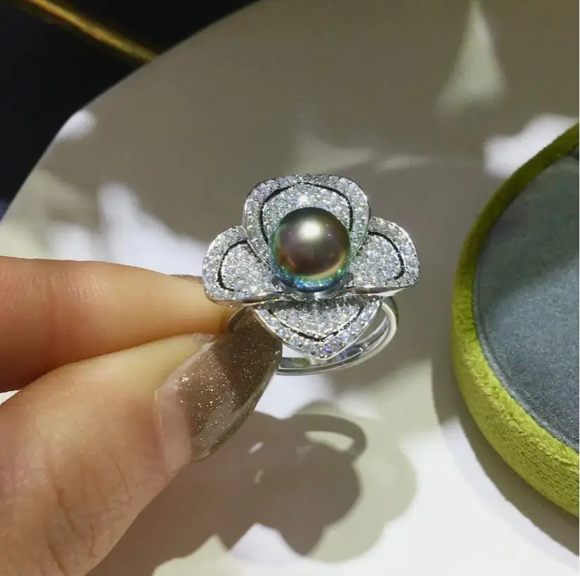 

stunning 9-10mm tahitian round black green pearl ring 925s