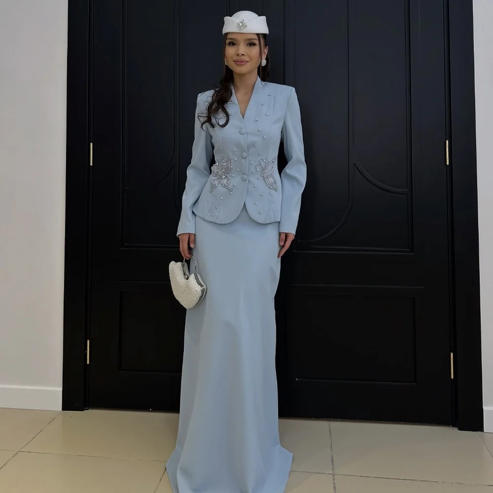 

Customized Modern Style Exquisite Jersey Button Rhinestone Pearl Straight V-neck Long Dresses Bespoke Occasion Dresses Fashion