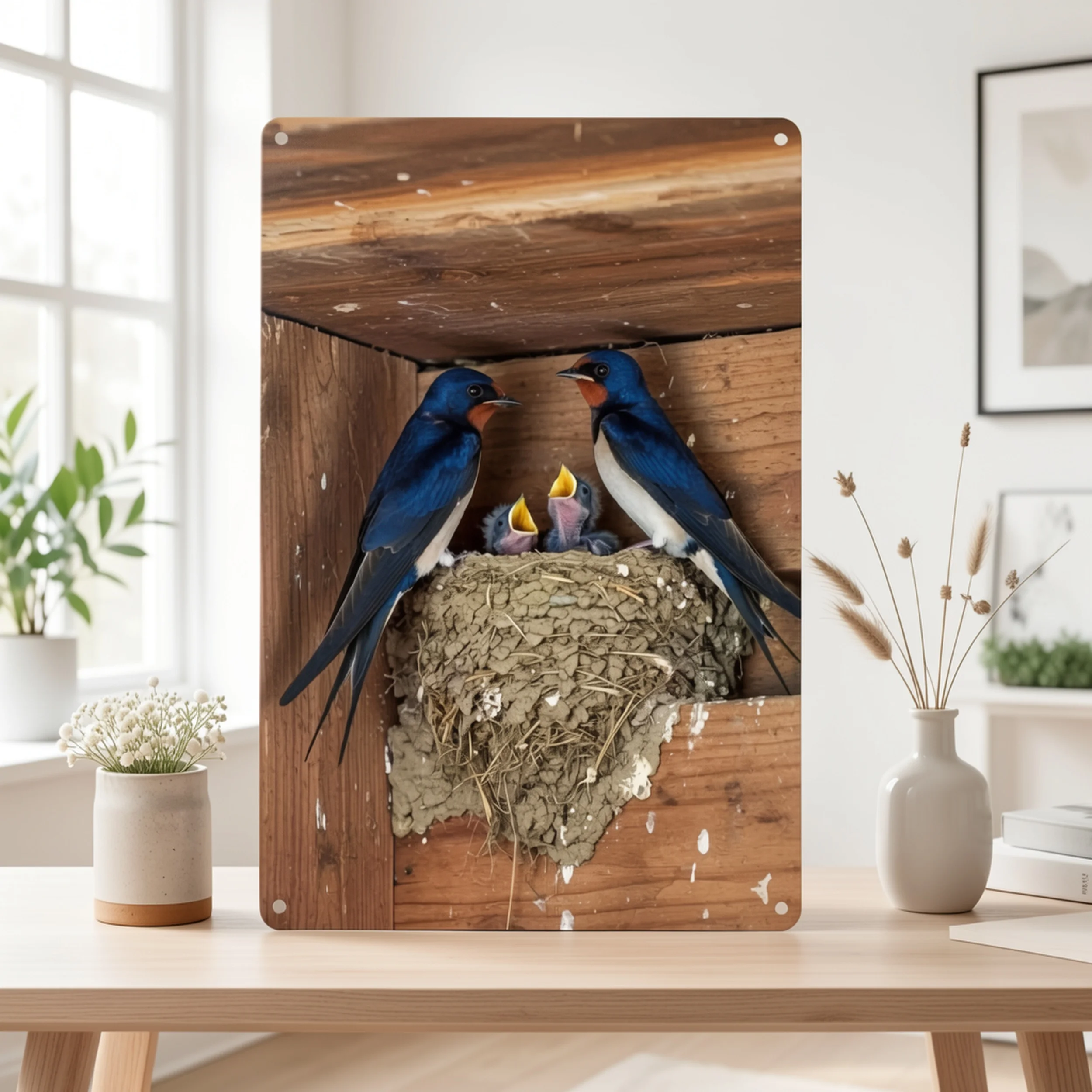 2D Flat - Metal Wall Art Plaque Featuring a 2D Flat Design of Swallows And Their Chicks, Made from Weatherproof Iron. It Incl