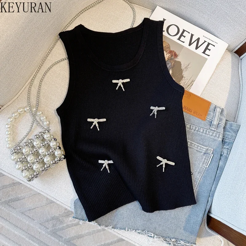 2023 Summer Diamonds Bow Knit Vests Women's Black White Fashion Chic Pullover Sleeveless Sweater Knitwear Tank Crop Tops Ladies