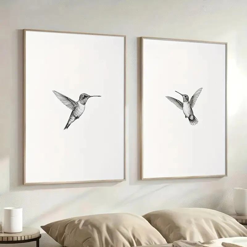 2PCS Large-sized frameless canvas paintings,2 Pcs Frameless Hummingbird Sketch Art Retro Poster,Canvas Printing Simple Animal an