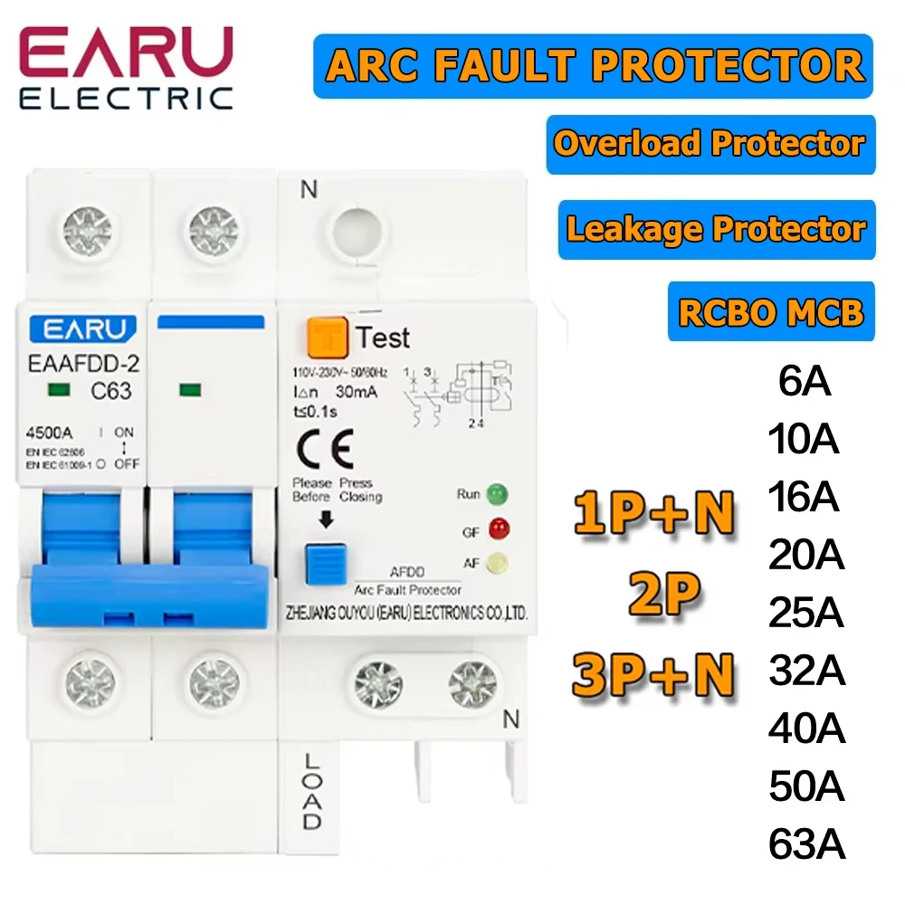 EARU AFDD-63 1P+N 2P 3P+N Fault Arc Protector Circuit Breaker 20A 25A 32A 63A Short Circuit Overload Leakage Protection RCBO