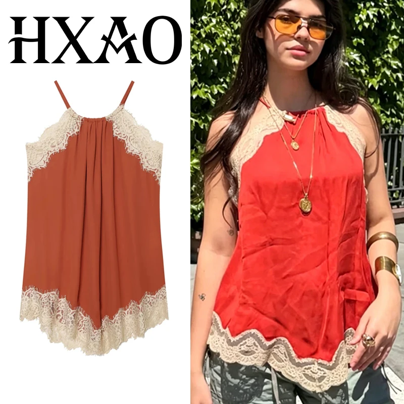HXAO Y2k Tops für Damen, Spitzen-Neckholder-Top mit offenem Rücken, kokette rote Tops mit Halsschnur, Sommer, ärmellos, sexy Strandmode