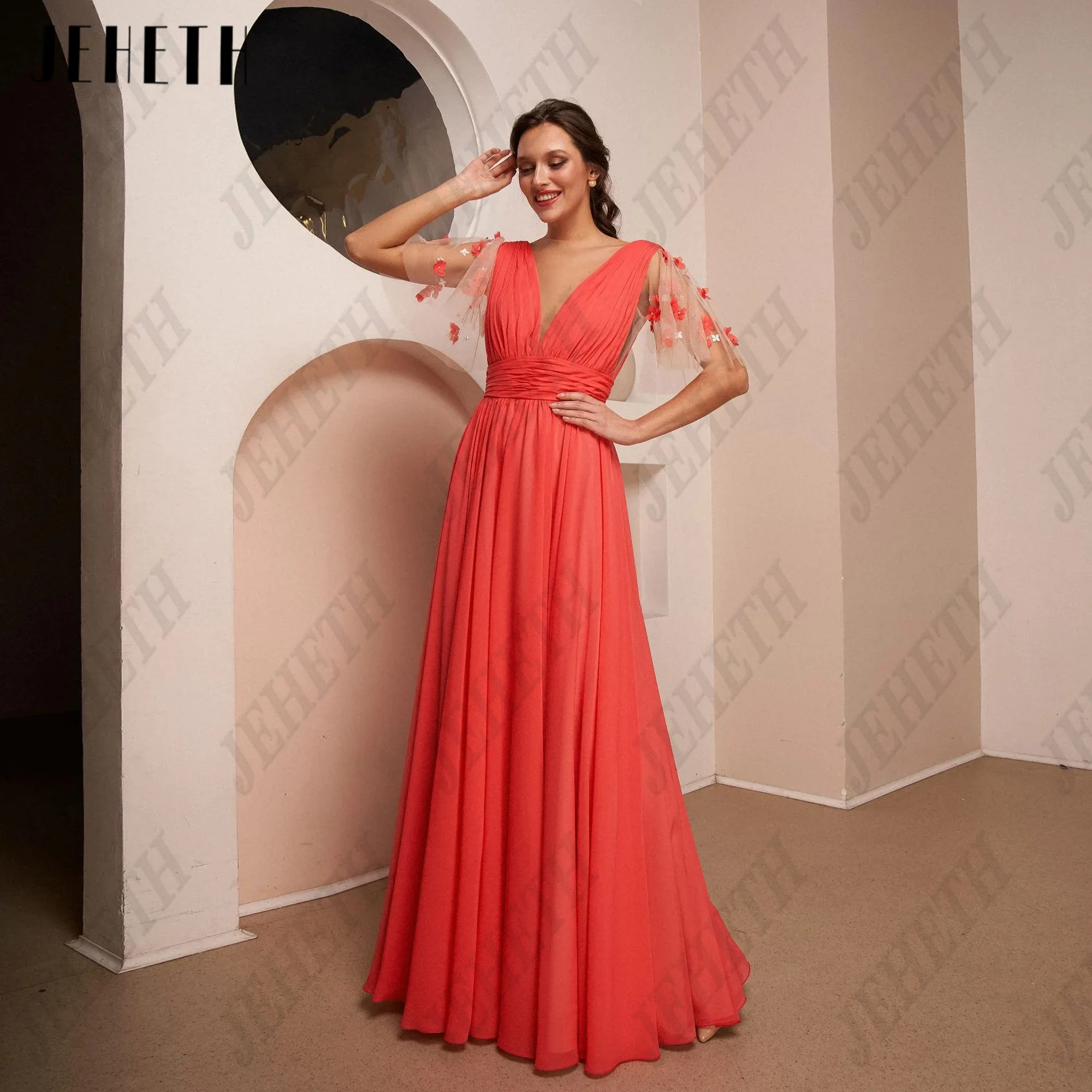 JEHETH Customized Chiffon Backless Flowers Prom Dress 2025 Scoop Neck Short Sleeve Wedding Party Dress Floor Length Evening Gown