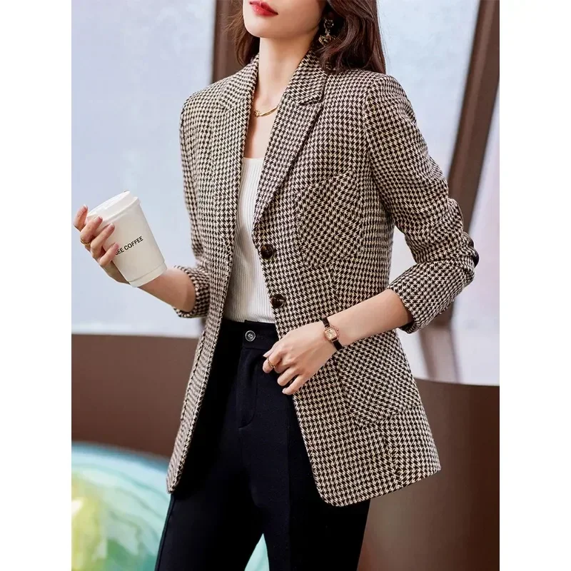 Coffee Gray kotak-kotak Single Breasted Blazer wanita, jaket bisnis Formal wanita kantor musim gugur musim dingin dengan saku