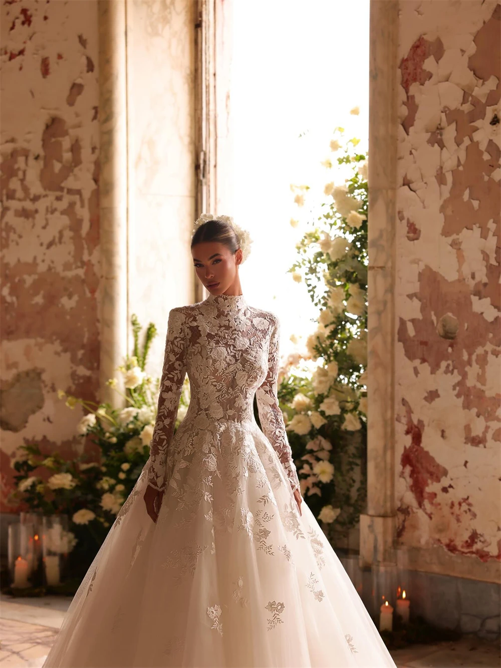 

Customized Sexy Ivory Organza Wedding Dress Boho O-Neck Long Sleeves Bridal Gowns Dreamy A-Line Court Train Vestido De Novia