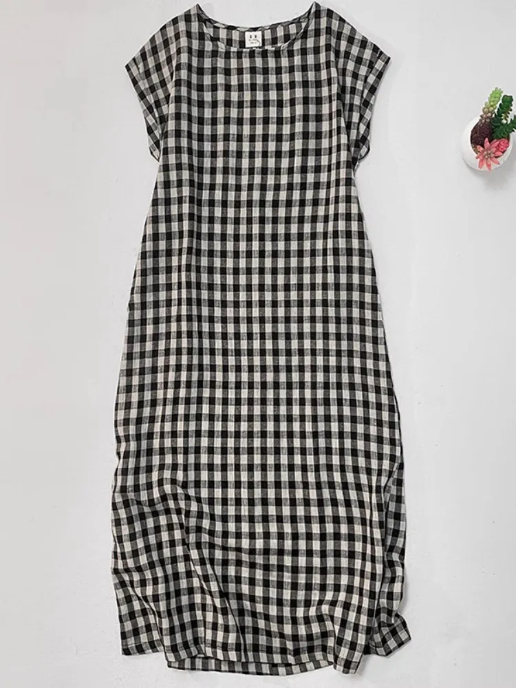 

Vintage Black White Plaid Women Dresses 2025 New Summer Casual Loose Literary Short Sleeve Daily Dress Cotton Blends Midi Dress
