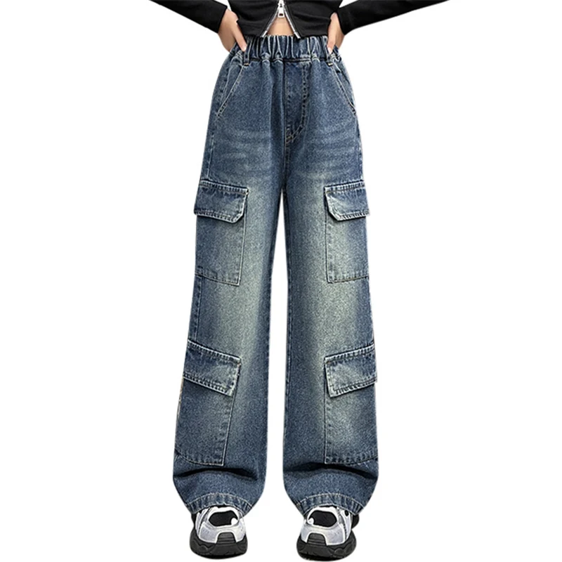 Kids Design Luxury Straight Leg Cargo Jeans with Multi Pocket for Teens Girl Cool Denim Pants Tweens Child Casual Jeans Trousers