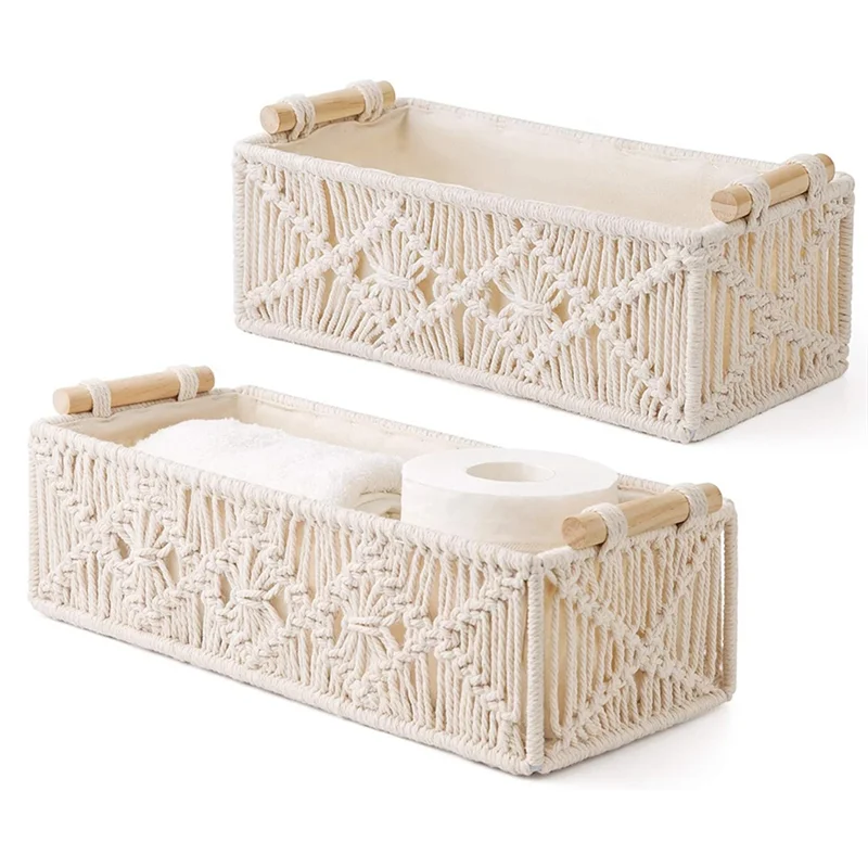 

B97A-Toilet Tank Shelf Cabinet Organizer Box Set Of 2 Macrame Storage Baskets Handmade Woven Boho Decor Countertop Lvory