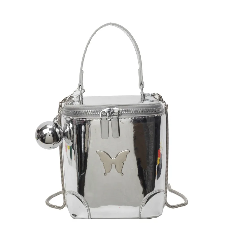 Black Patent Leather Box Bag Chic Butterfly Bucket Bag Fashion Versatile Single Shoulder Elegant Chain Handbag Lady Party Bag