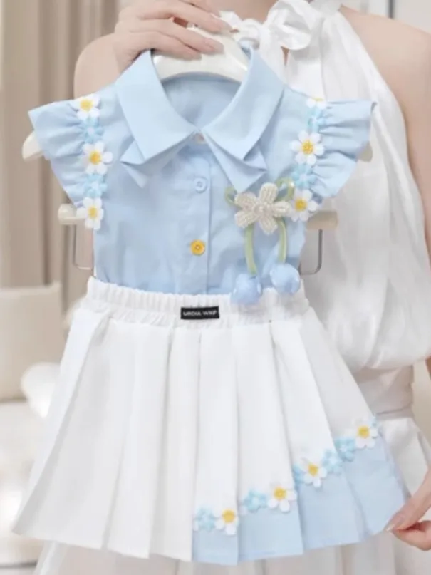 

Летний комплект для девочек 2025: Новинка, модный плиссированный костюм-двойка (юбка и топ), детский наряд от китайского производителя