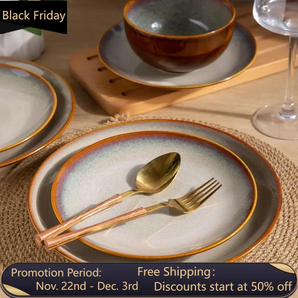 Ceramic Dinnerware Sets,18-Piece Plates and Bowls,Handmade Reactive Glaze Dishes Set,Chip Resistant and Scratch Resistant