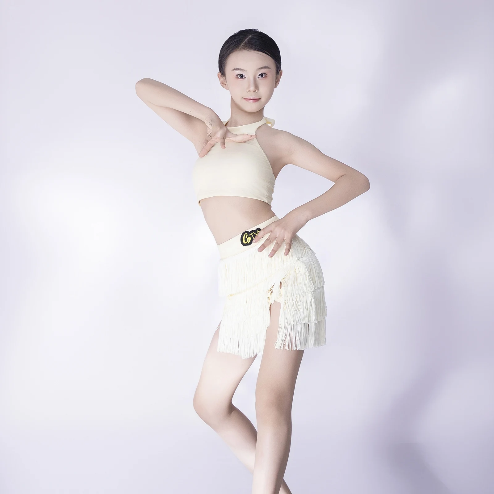 Meninas trajes de desempenho de dança latina pendurado pescoço topos borlas saias chacha samba prática roupas competição wear dql10813