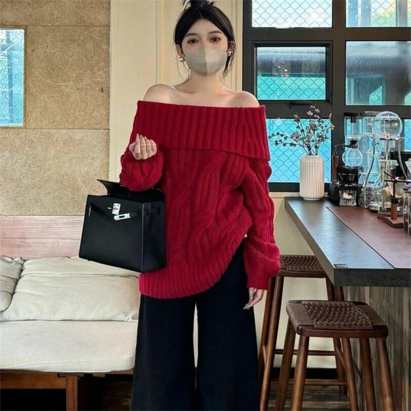 

women's Off Shoulder Red Knitted Sweater Christmas Girl Long Sleeves Slash Neck Female Knit Pullover Vintage Aesthetic Clothes