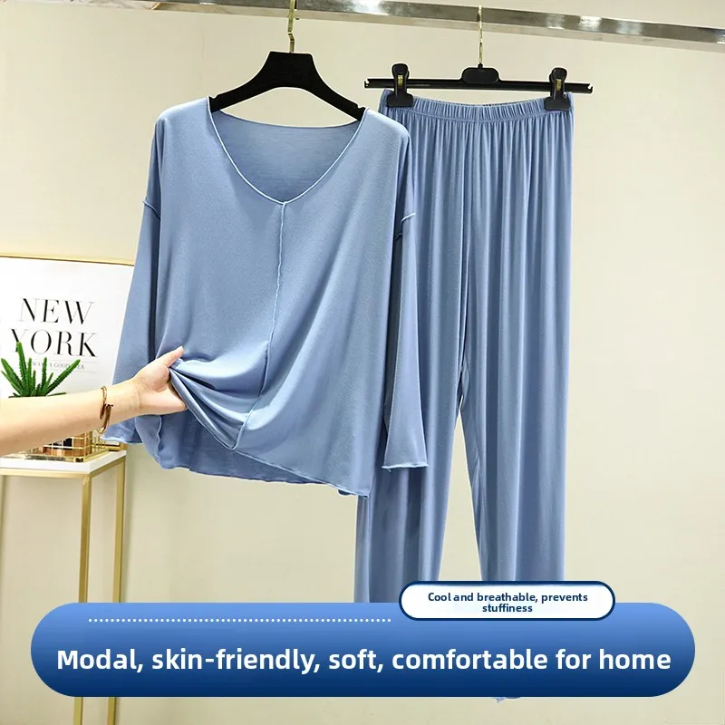 

Loose Modal Long Sleeve Sleepwear Women's Autumn Thin Casual Home Clothes Set V-Neck Home Suit Comfortable Breathable Nightgown
