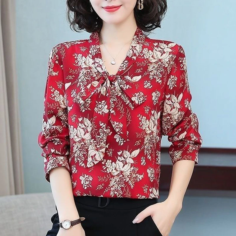 Women V Neck Bow Lace Up Elegant Button Shirts Spring Autumn Fashion Vintage Floral Print Blouses Office Lady Long Sleeve Blusa