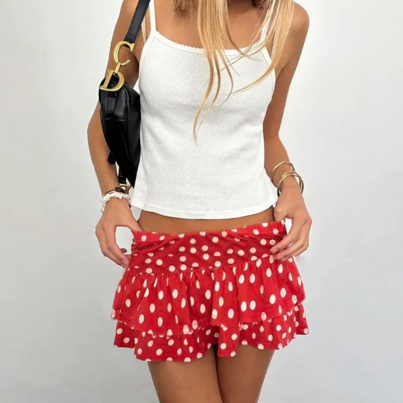 Y2K Niedlicher Polka Dot Print Faltenröcke Damen Chic Layered Rüschen Niedrige Taille A-Linienrock für Partys Party Clubwear