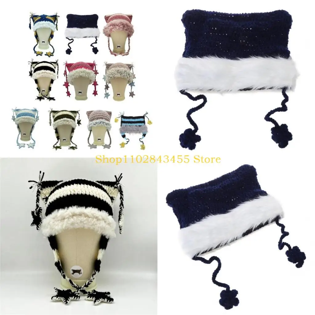 

49MC Вязаная шапка с кошачьими ушками для девочек Шапка Y2K-GIRL с вязанным крючком узором с напуском