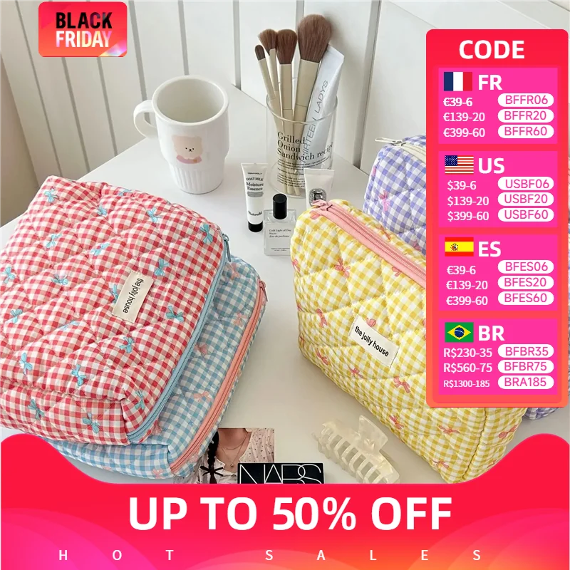 Leuke Boog Katoenen Make-up Tas Vrouwen Rits Cosmetische Organizer Vrouwelijke Doek Doos Vorm Draagbare Toilettas voor Meisjes