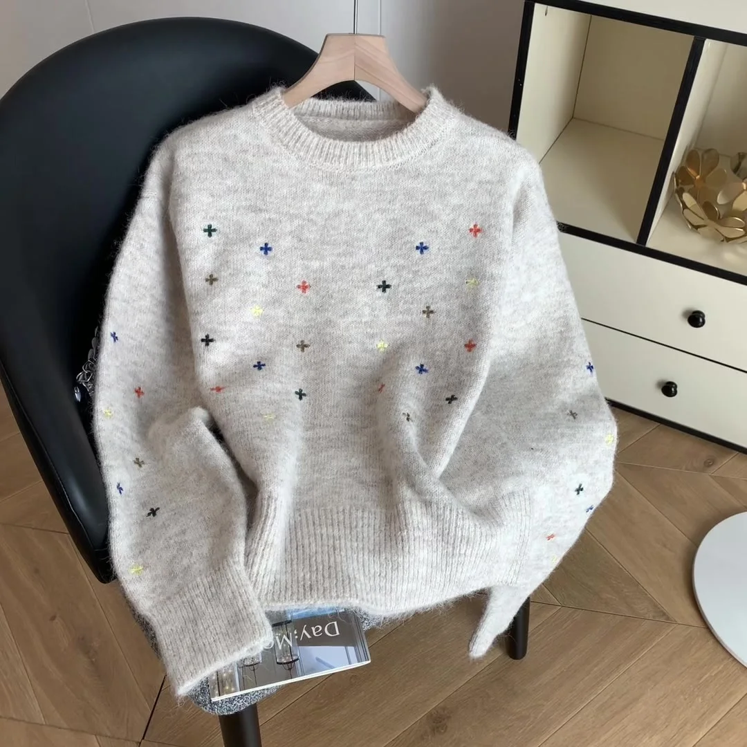 

Women Grey Embroidery Knit Pullover Sweater Vintage Korean Style Jumper Knit Long Sleeves Cashmere Sweater 2000s Spring Clothes