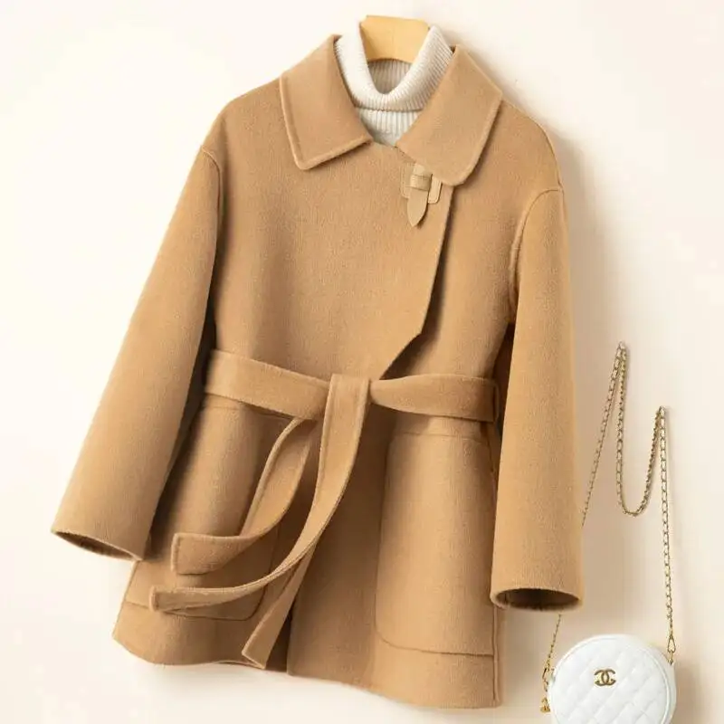 معطف بدلة نقية أنيق للنساء مع ربطة عنق على الطراز الكوري ملابس خارجية صوفية مزدوجة الجوانب بلون سادة لخريف وشتاء #1