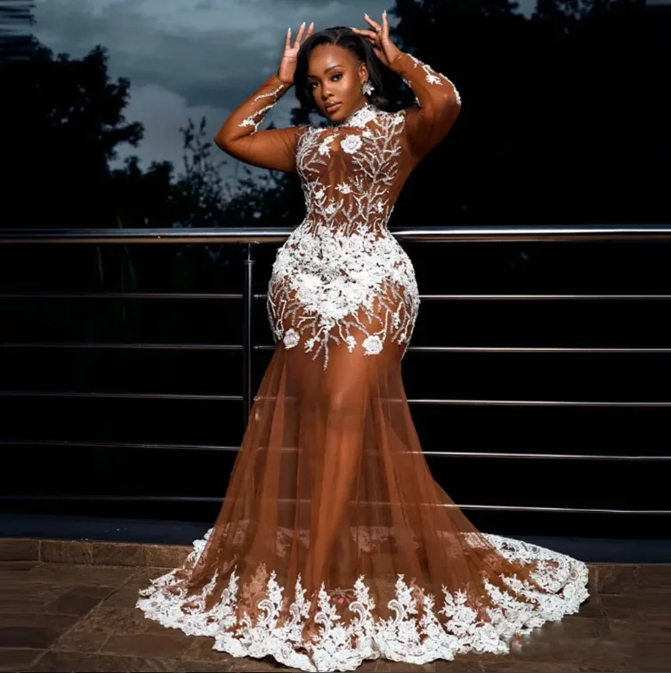 Plus size galajurk lange tule appliqué doorzichtige volledige mouwen transparante zeemeermin kralen galajurken Aso Ebi avondjurken