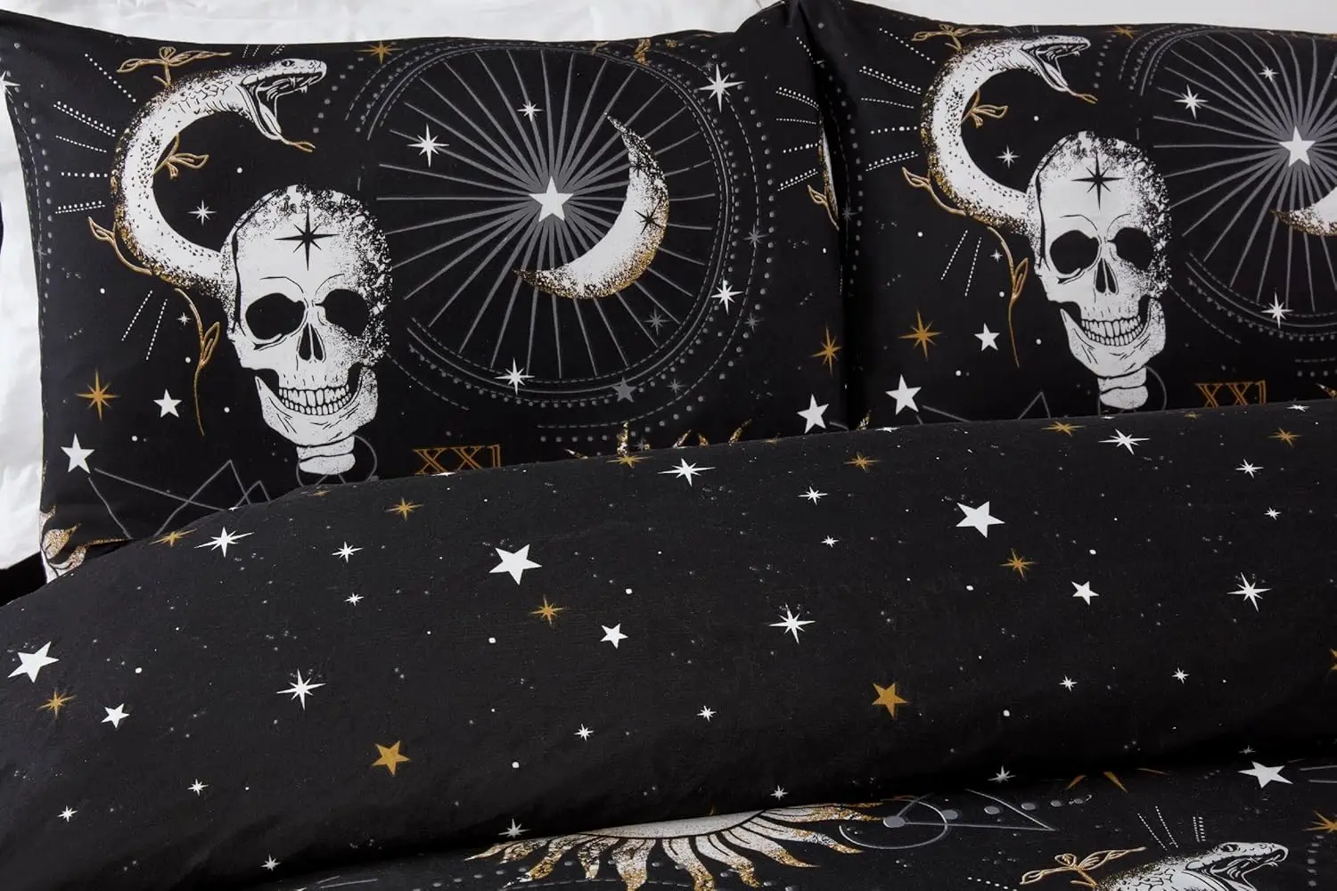 3 Pcs Dark Gothic Style Microfibre Single Duvet Cover Set, Skulls and Stellar Bedding Set, Black Skull Bedding Set Double Size