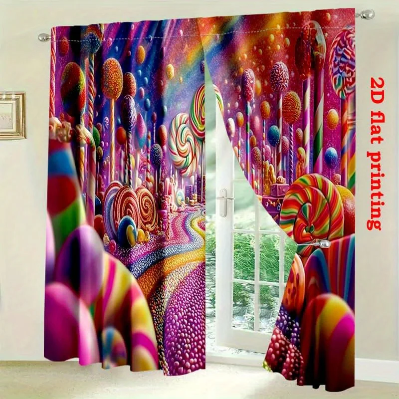 Candy Land Curtain, Colorful Lollipop Print Drape, Sweet Fantasy Window Treatment for Kids Room Bedroom Home Decor