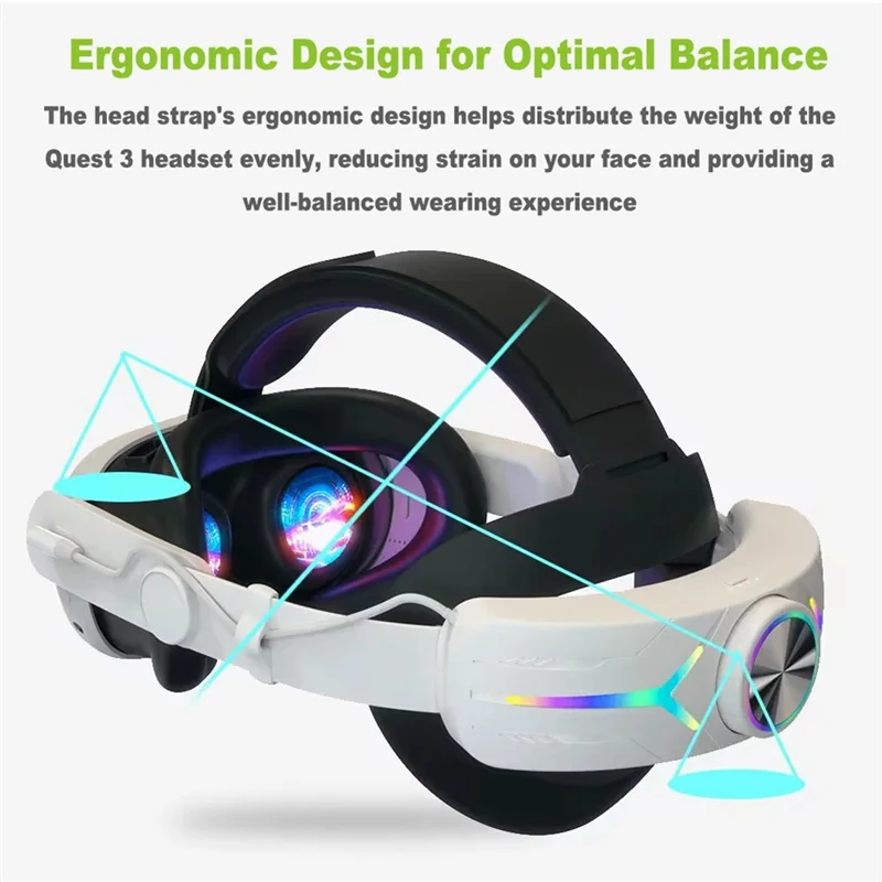 Элитный ремешок на голову с RGB-подсветкой для Meta Quest 3, детали VR + аккумулятор 8000 мАч, удобный ремешок на голову, чистый белый цвет-BTFL