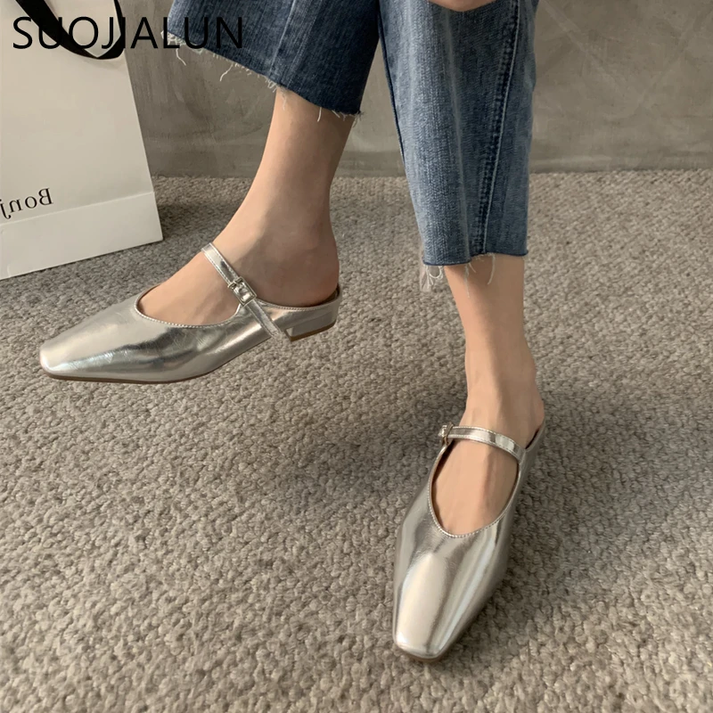 SUOJIALUN 2023 Summer New Women Slipper Fashion Shallow Slip On Ladies Mules Shoes Flat Heel Outdoor Casual Sandal Slides Shoes