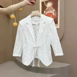 Summer New Blazer Women's Korean Fashion Lace Hollowed Out Cropped Sleeves Temperament Slim Lady Sunscreen Clothing Tops 2024