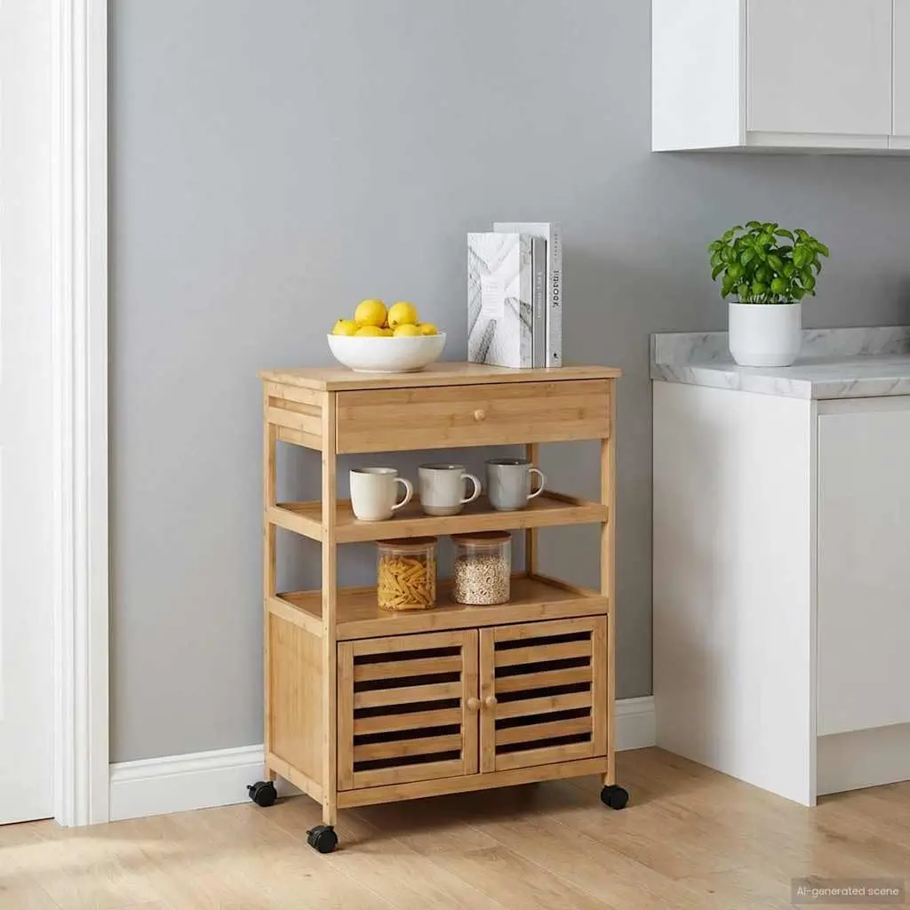Bamboo Kitchen Trolley with Wheels & Brakes, Mobile Storage Cart with Slatted Doors, 23.43 x 14.17 x 32.28 in, Customized