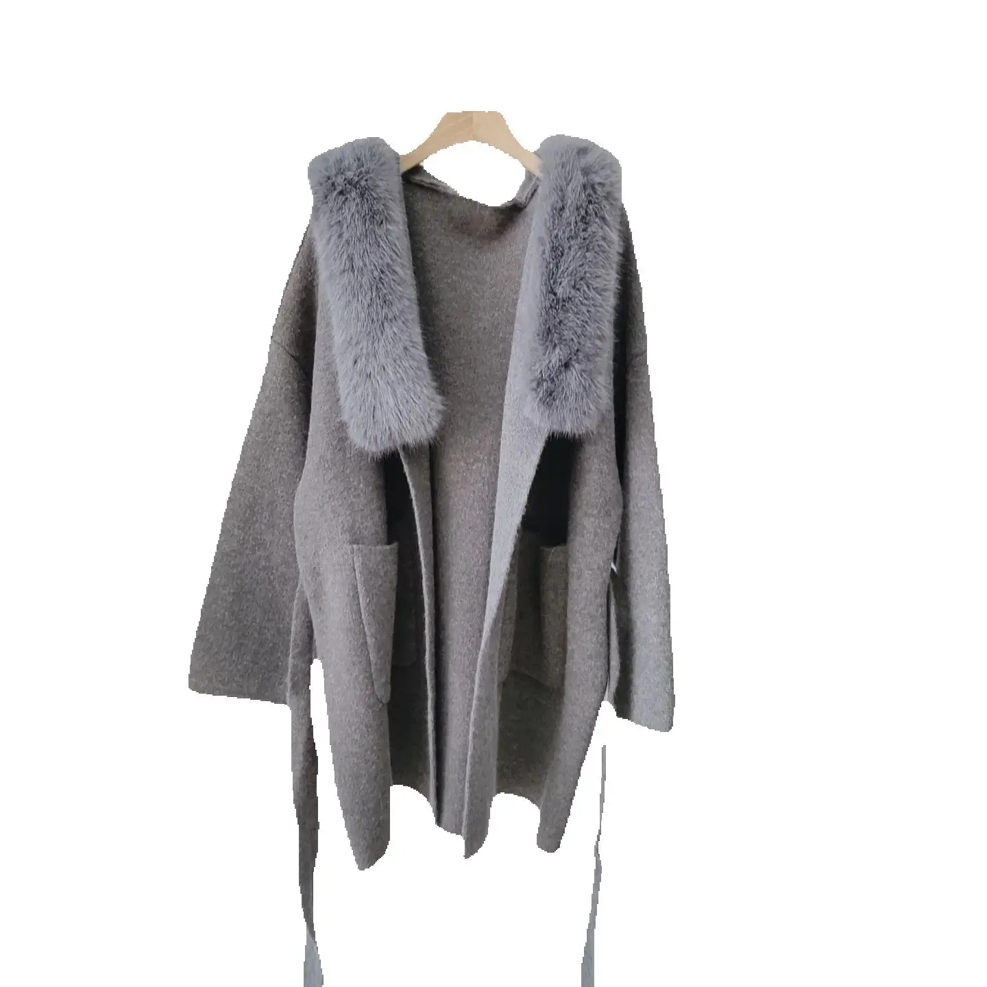 

Autumn Winter Female Hooded Sweater Jacket Women Long Sleeves Loose Lace Up Knitted Jacket Natural Fur Collar Knit Cardigan Coat