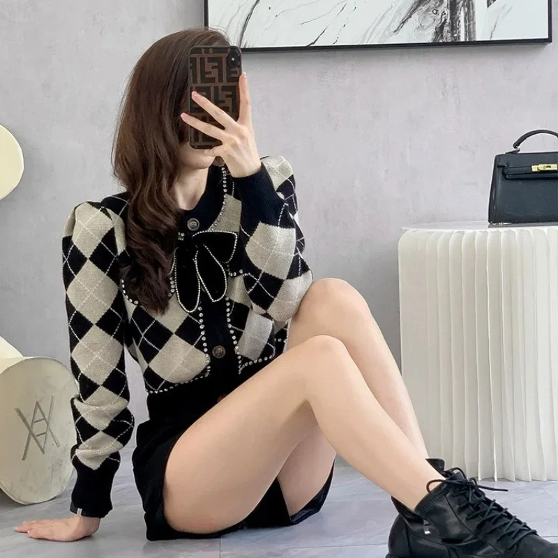 Women Clothing New Fashion Black Plaid Bow Knitted Cardigan Autumn Winter Elegant Slim O-neck Warm Sweater Diamonds Commute Top