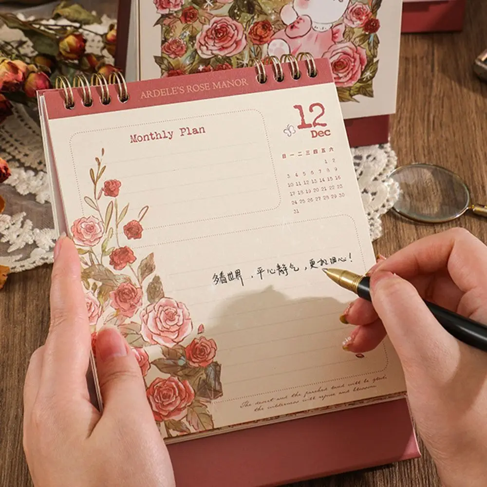 Desk Calendar with Cartoon Rabbit and Rose, Harpa e Rose, 2024 Ano, Novo