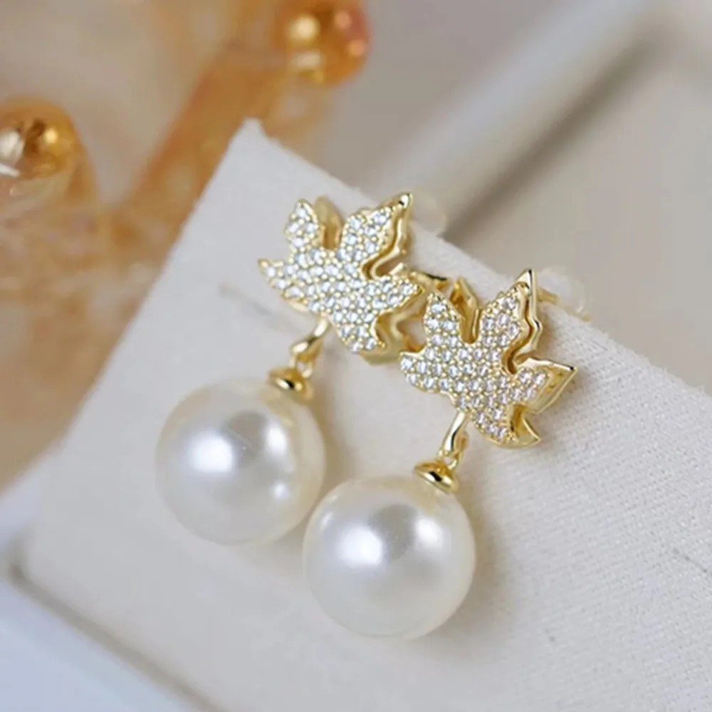 925s silver maple leaf style beautiful, fashionable and high-end earrings, South China Sea pearl AAA 8-9mm 9-10mm 10-11mm 11-12m